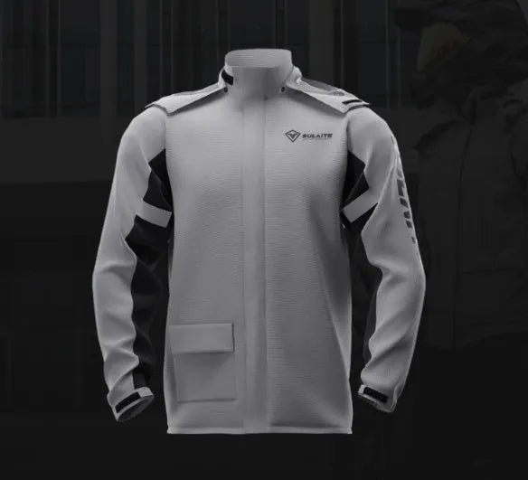 Adult motorcycle waterproof rain suit set including coat, pants, shoe covers and storage bag.
