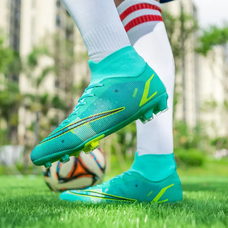 Men's high top AG spike football boots on artificial turf with non-slip rubber sole, black colour