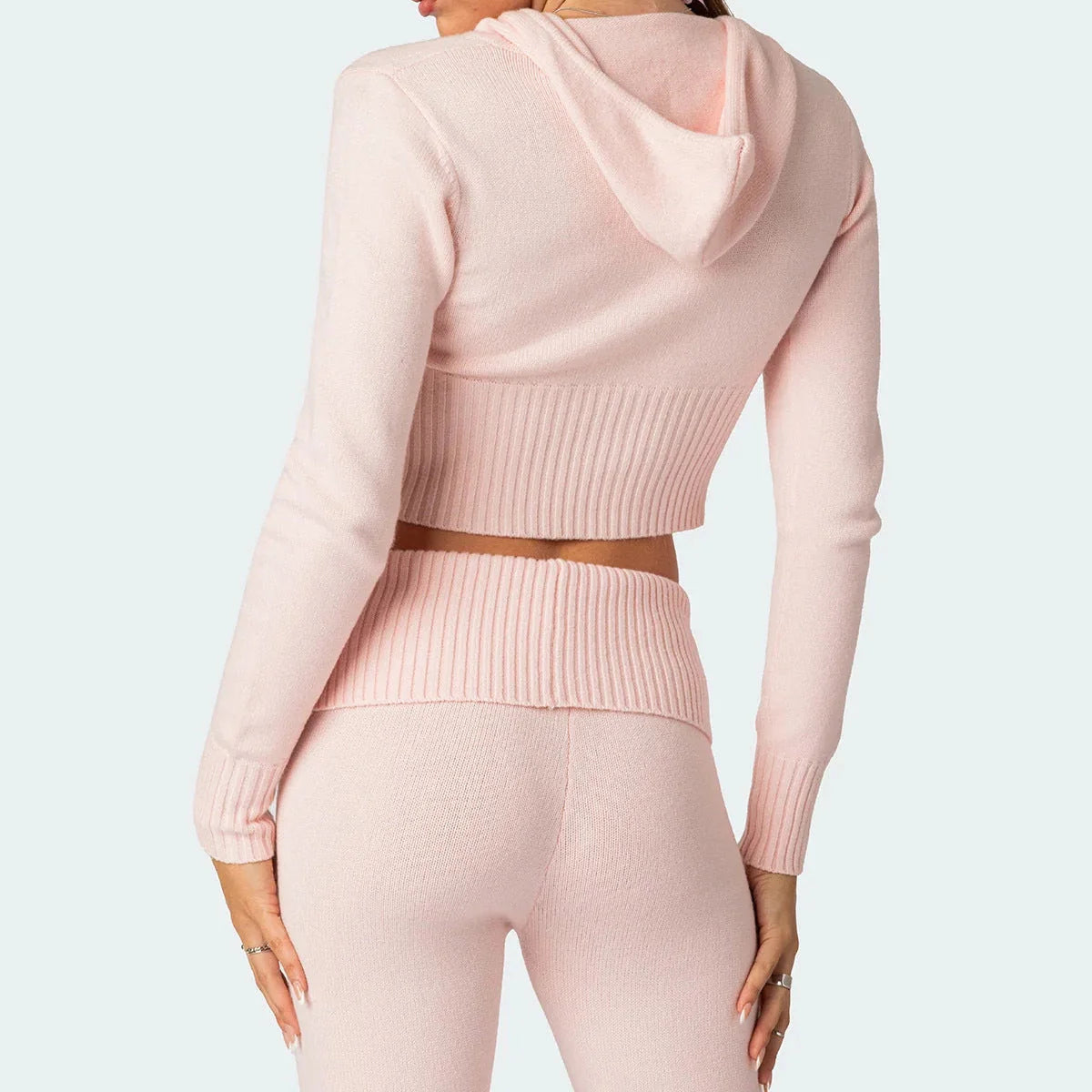 Women's knitted hooded suit with zipper cropped top and slim flared pants in street fashion style