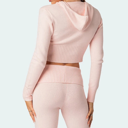 Women's knitted hooded suit with zipper cropped top and slim flared pants in street fashion style