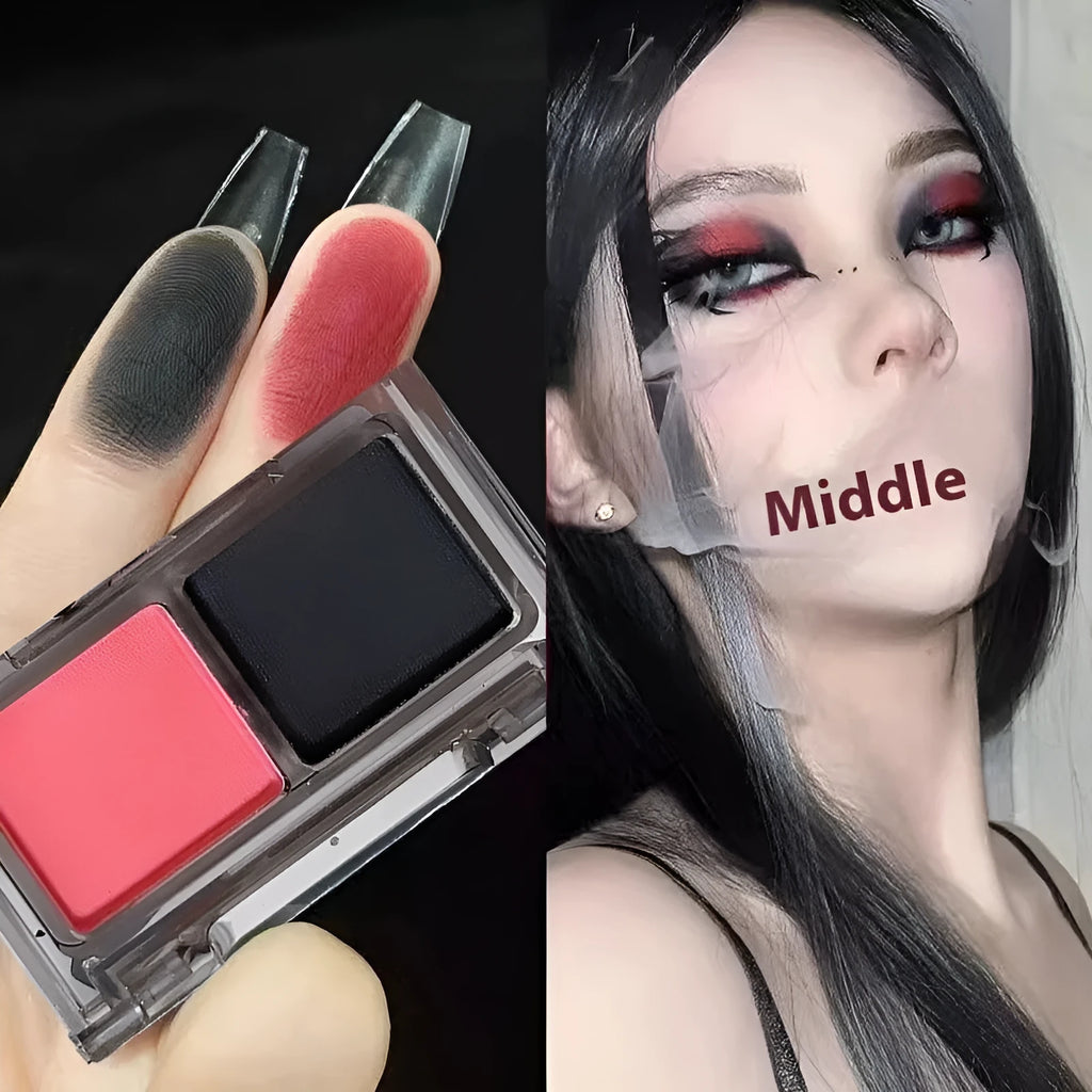Two-tone eyeshadow palette showing pink and black matte shimmer shades in five punk colour combinations