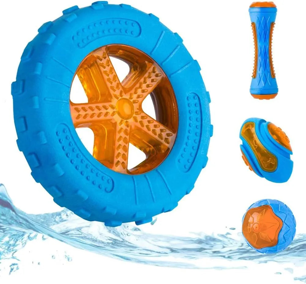 Three TPR floating squeaky dog toys: a red ball, a blue barbell, and an orange tyre.