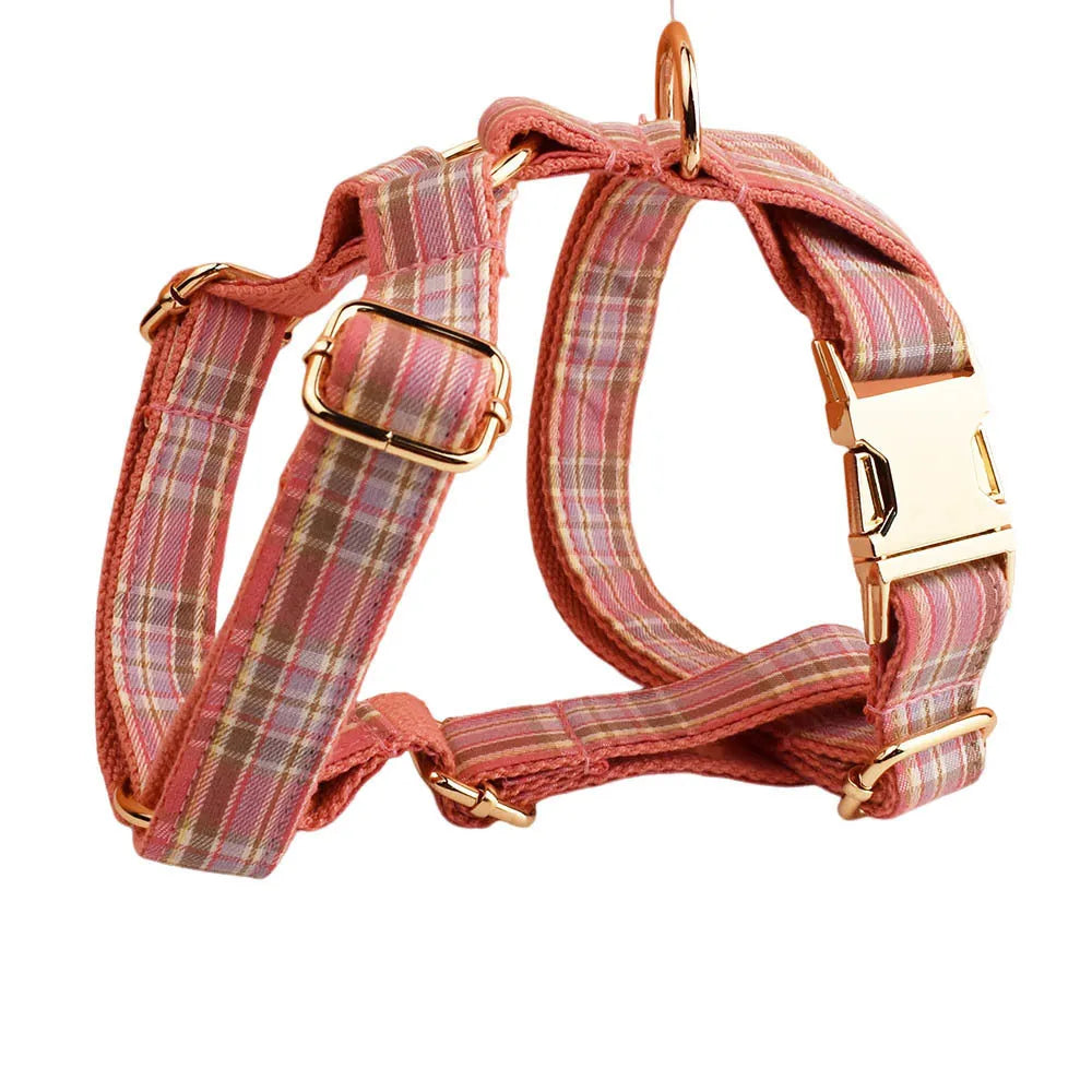 Plaid pattern dog collar and leash set with bow accessories in cloth material