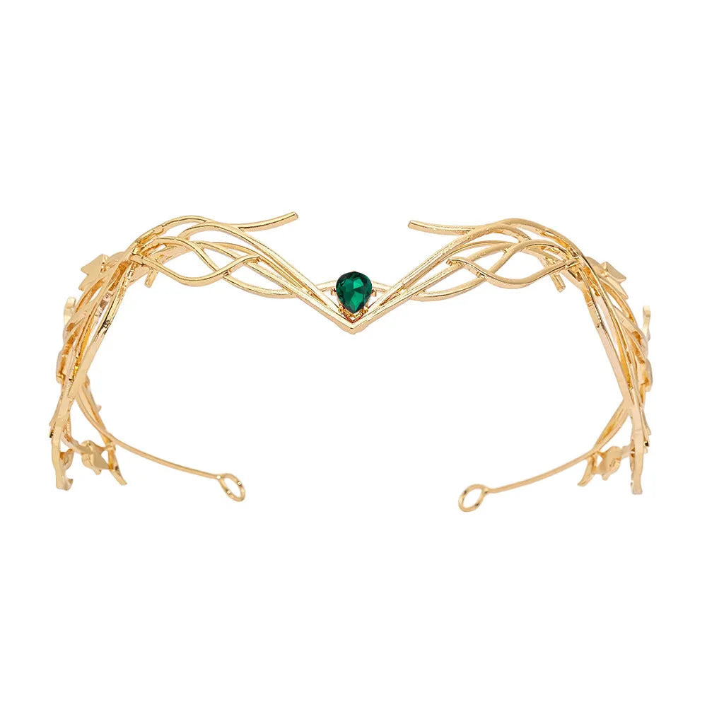 Goddess warrior leaves forehead ornament headdress in alloy with diamond inlay, 15cm eight-character shape, colour white diamond.