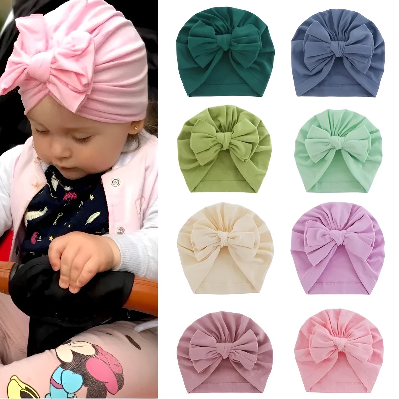 Baby turban hat with bowknot wrap in soft cloth and polyester for 0-1 year infant solid colour