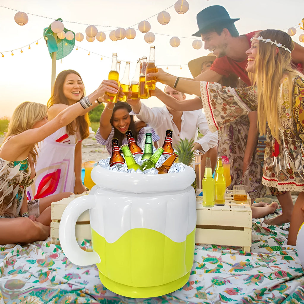 Yellow inflatable PVC ice bucket with beer steins design for parties and outdoor events