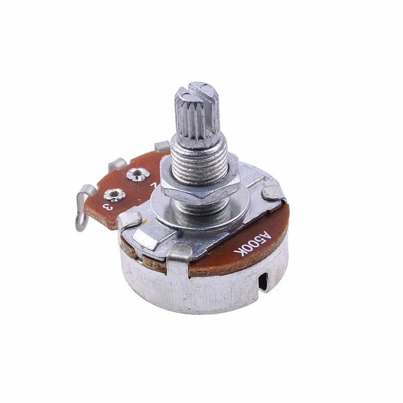 A single metal potentiometer knob for electric guitar tone or volume control.