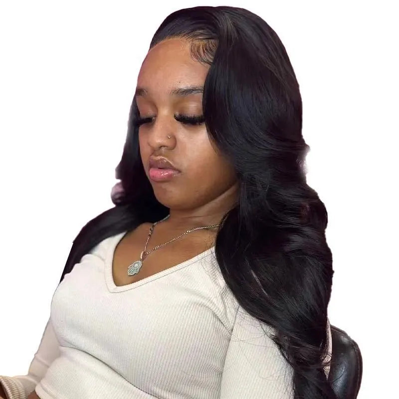 Black mid-length large roll wig for women, 26 inches Kanekalon synthetic hair with side bangs