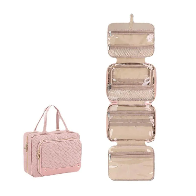 Pink waterproof hanging cosmetic bag with dimensions 30.5cm wide by 22.9cm tall