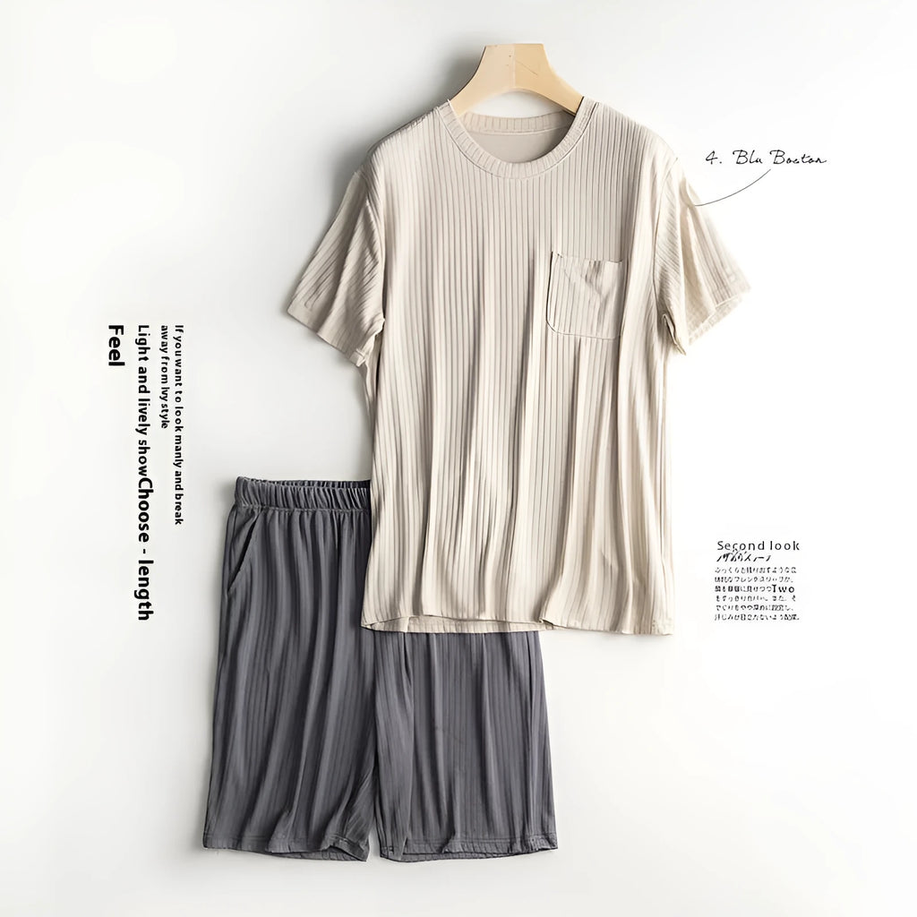 Men's thin summer T-shirt and shorts suit in oatmeal colour with deep gray shorts, polyester fabric, quarter sleeves, size L to XXXL