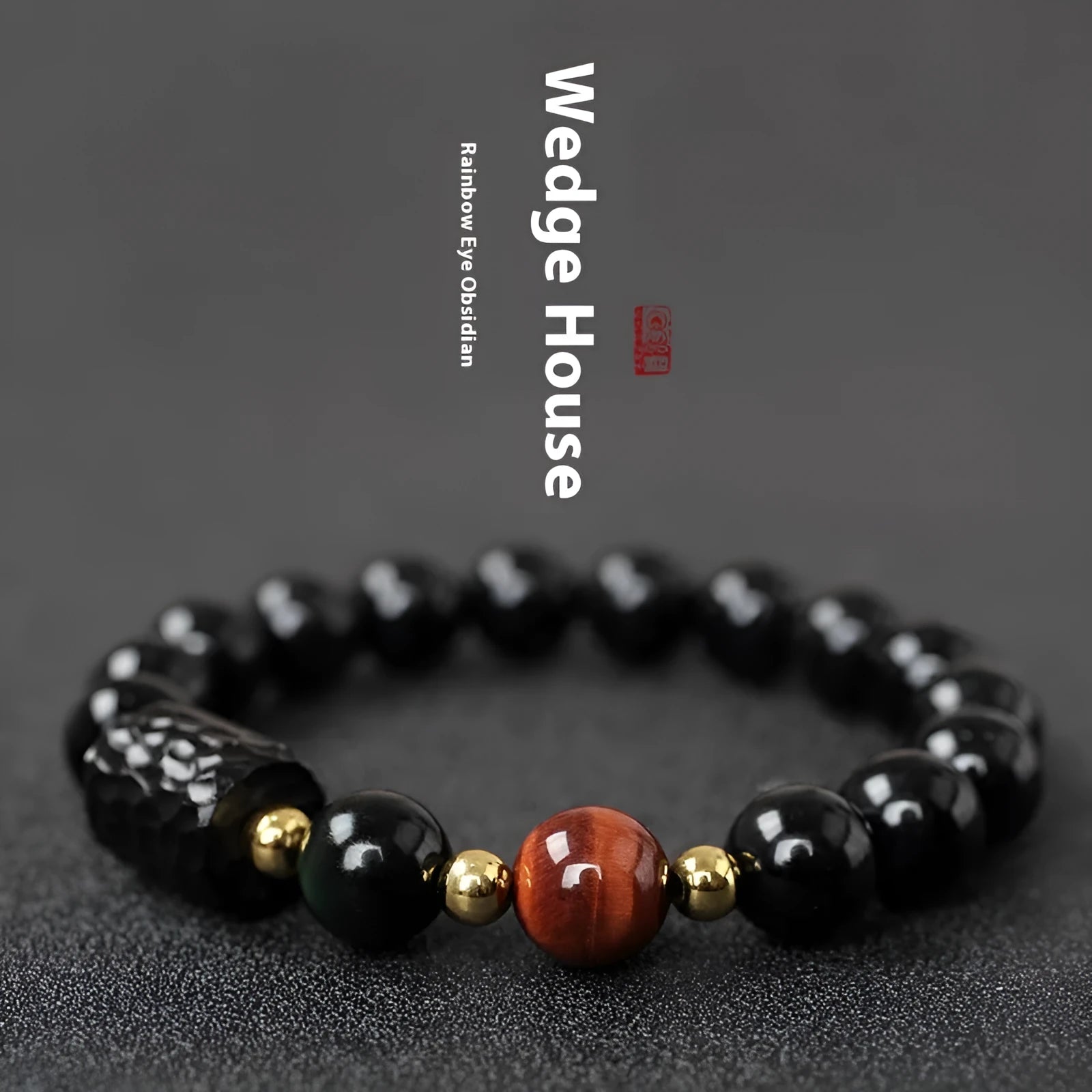 Handmade obsidian bracelet with red and yellow tiger eye stone beads