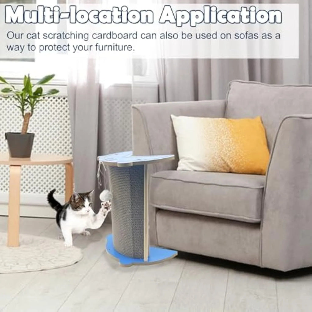 Grey cardboard corner cat scratching pad with hanging ball against a white wall.