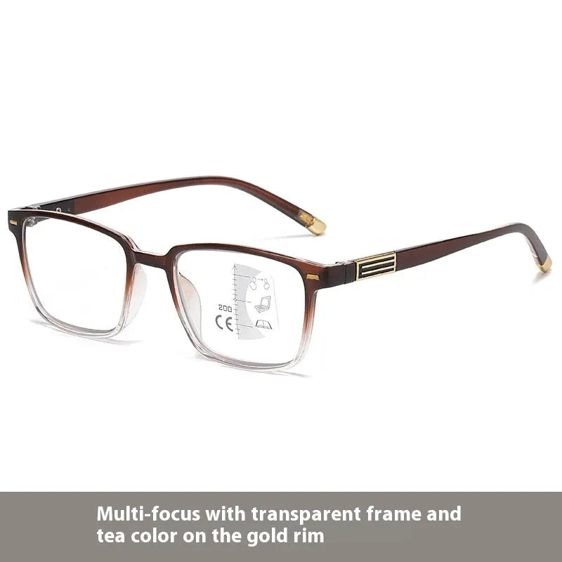A pair of multifocal reading glasses with colour changing, anti blue light PC lenses in a black and silver frame style.