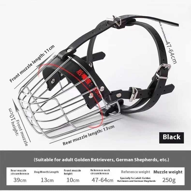 Black metal wire dog muzzle designed for a golden retriever or German shepherd.