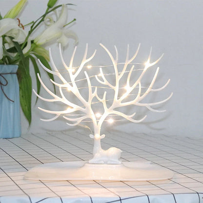 Deer antler jewelry stand in white and black, organising earrings and necklaces