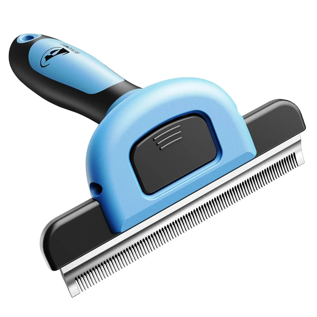 Yellow and blue plastic dog grooming comb with stainless steel teeth for hair removal