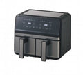 8L stainless steel dual pot air fryer with touch screen and visual window on a kitchen counter