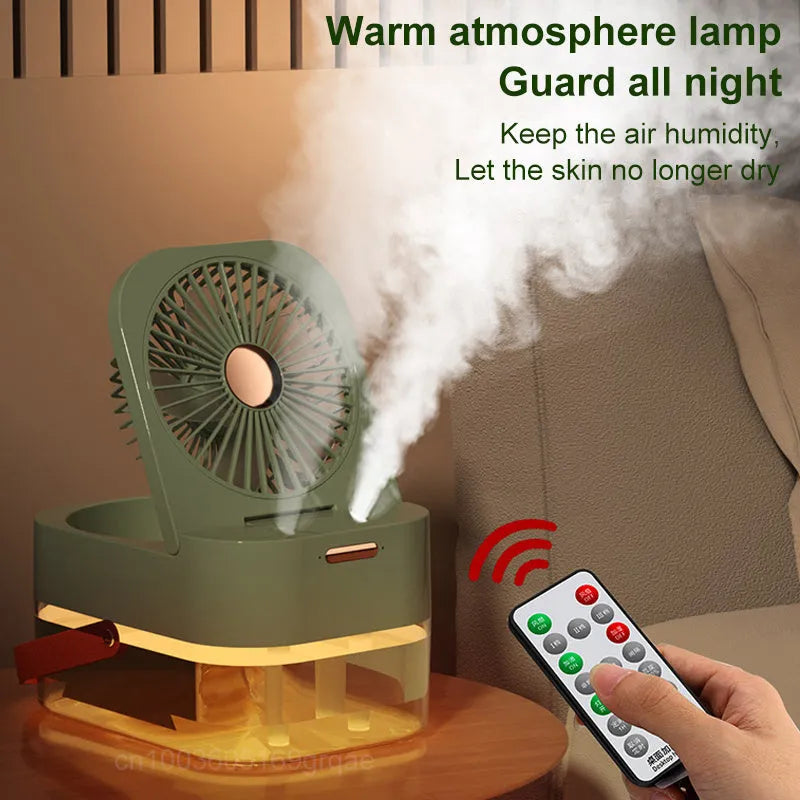 Portable desktop humidifier spray fan with remote control, showing pearl white colour and water tank