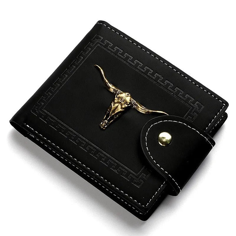 Black men's wallet with animal pattern, zipper closure, and multiple card slots made from PU leather