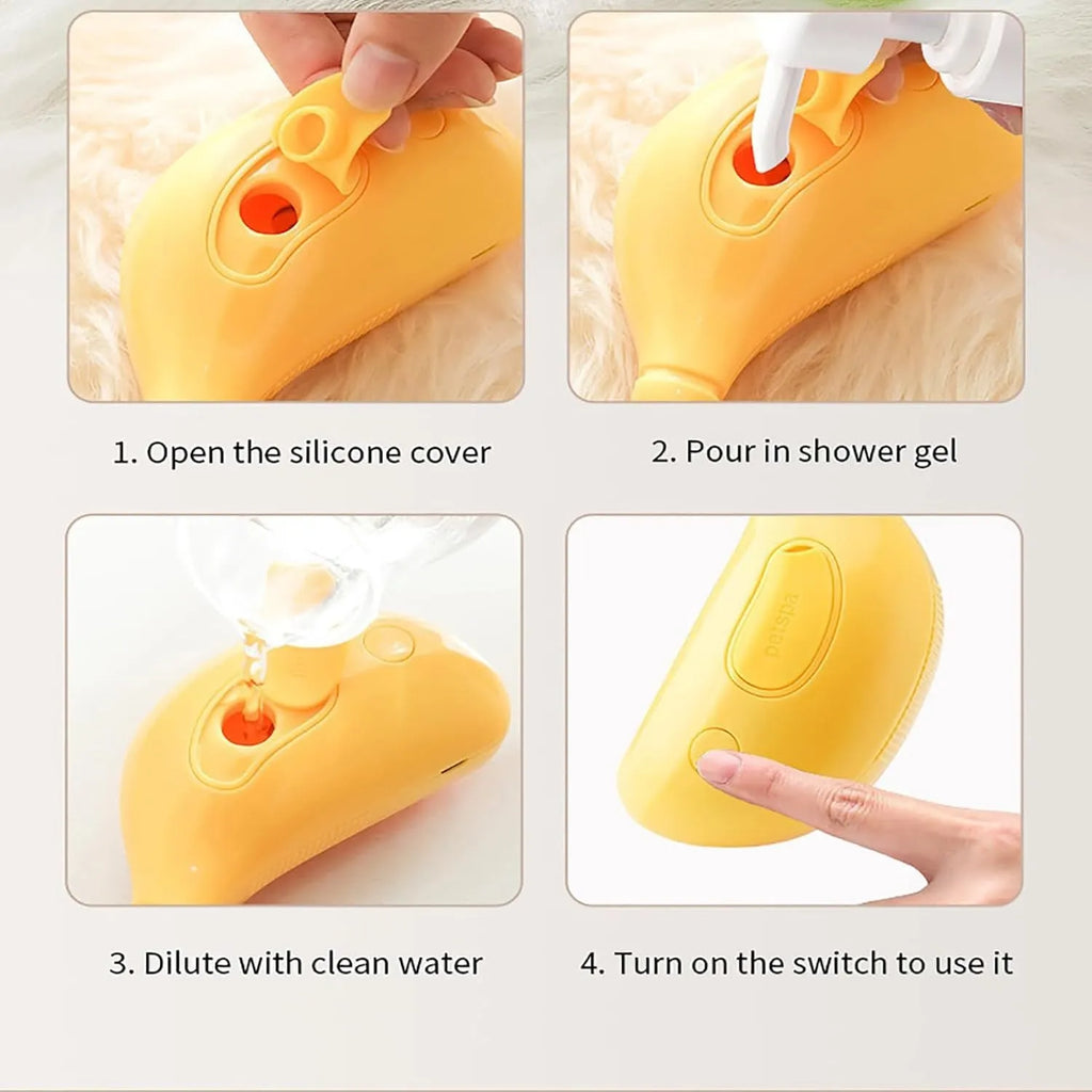 Green and yellow rechargeable cat steam brush with massage function and silicone teeth