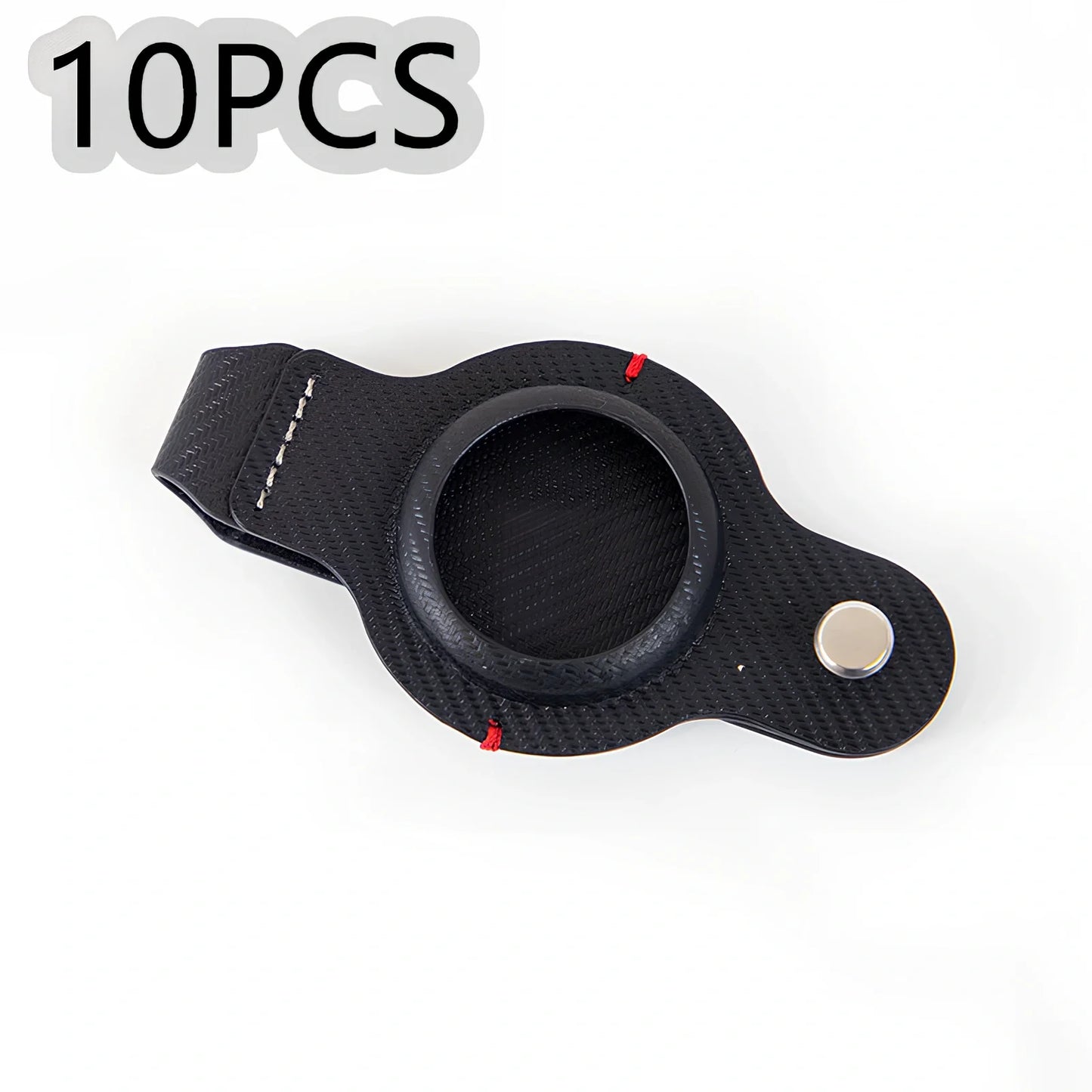 Black PU leather AirTag holder keychain with metal ring, 4cm diameter, secure snap fit for tracking valuables