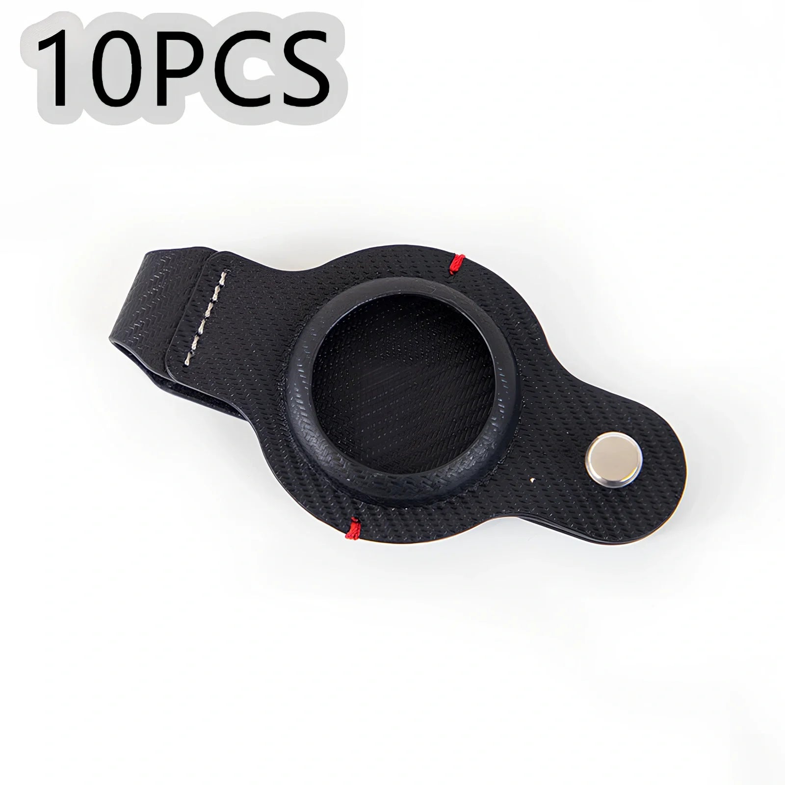 Black PU leather AirTag holder keychain with metal ring, 4cm diameter, secure snap fit for tracking valuables