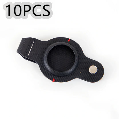 Black PU leather AirTag holder keychain with metal ring, 4cm diameter, secure snap fit for tracking valuables