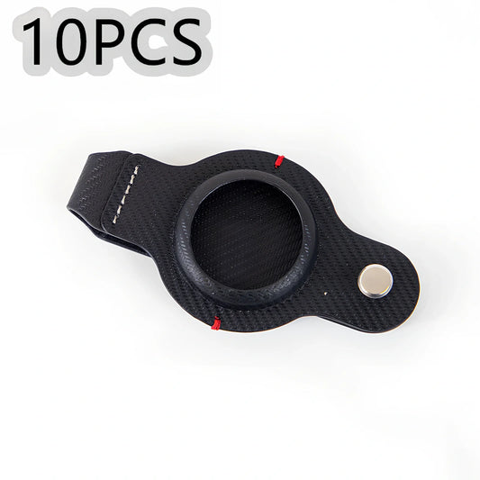 Black PU leather AirTag holder keychain with metal ring, 4cm diameter, secure snap fit for tracking valuables