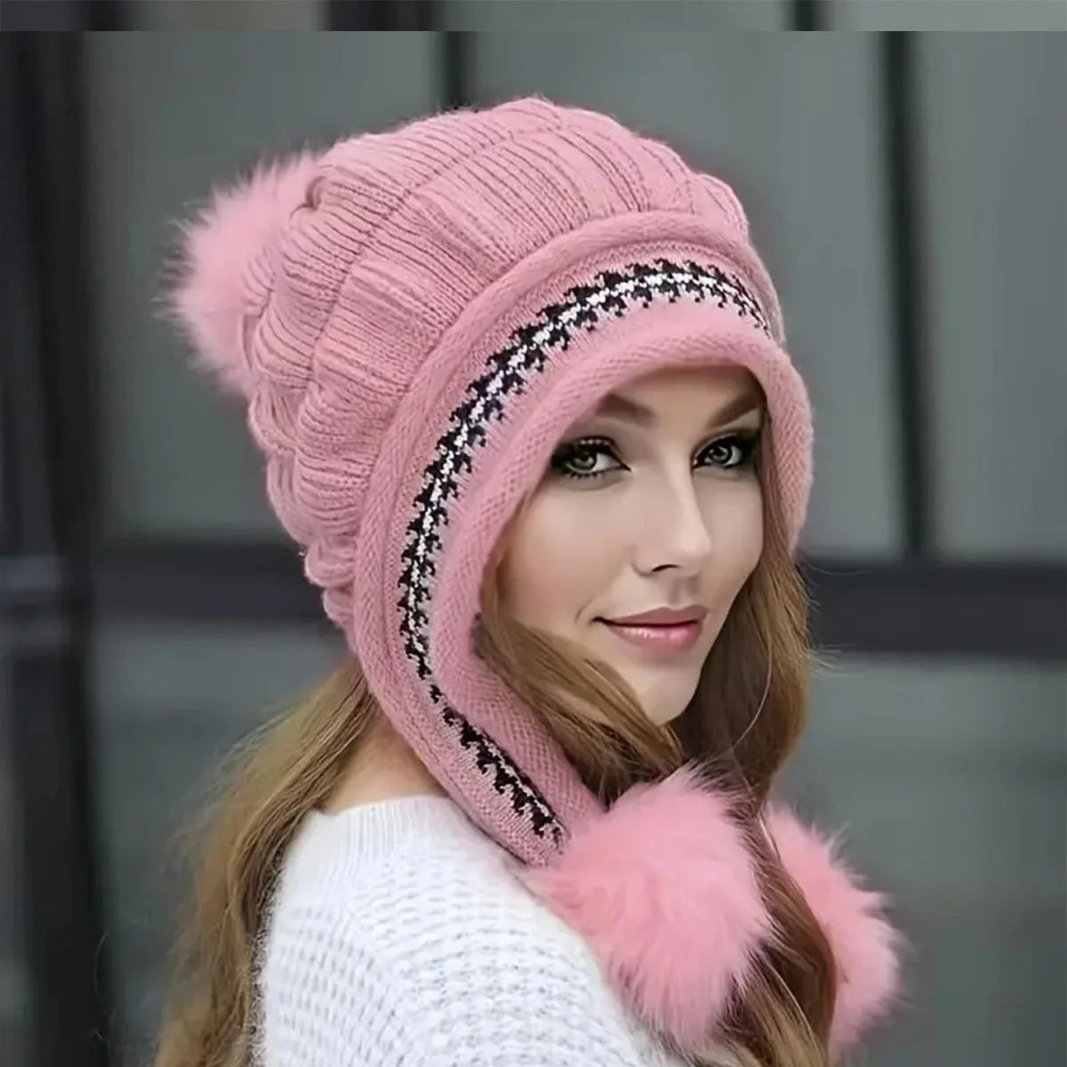 Knit fleece beanie with ear flaps and pompom in various colours for winter warmth