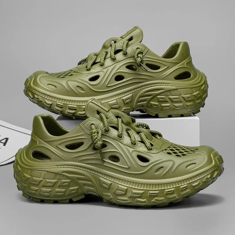 Men's army green EVA sandals with thick sole, hole design, and covered heel