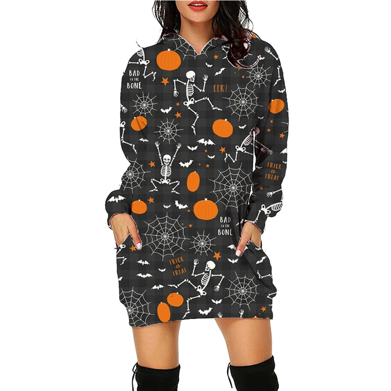 Stylish women's Halloween hoodie with a unique printed design and convenient front pockets