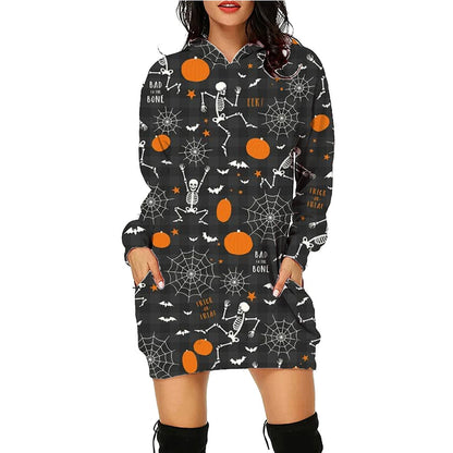 Stylish women's Halloween hoodie with a unique printed design and convenient front pockets