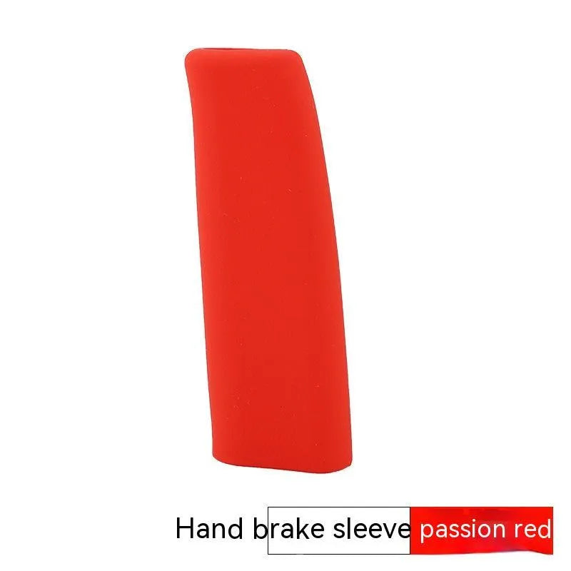 Universal silicone car handbrake sleeve shown in black, grey, beige, red, and blue colours.