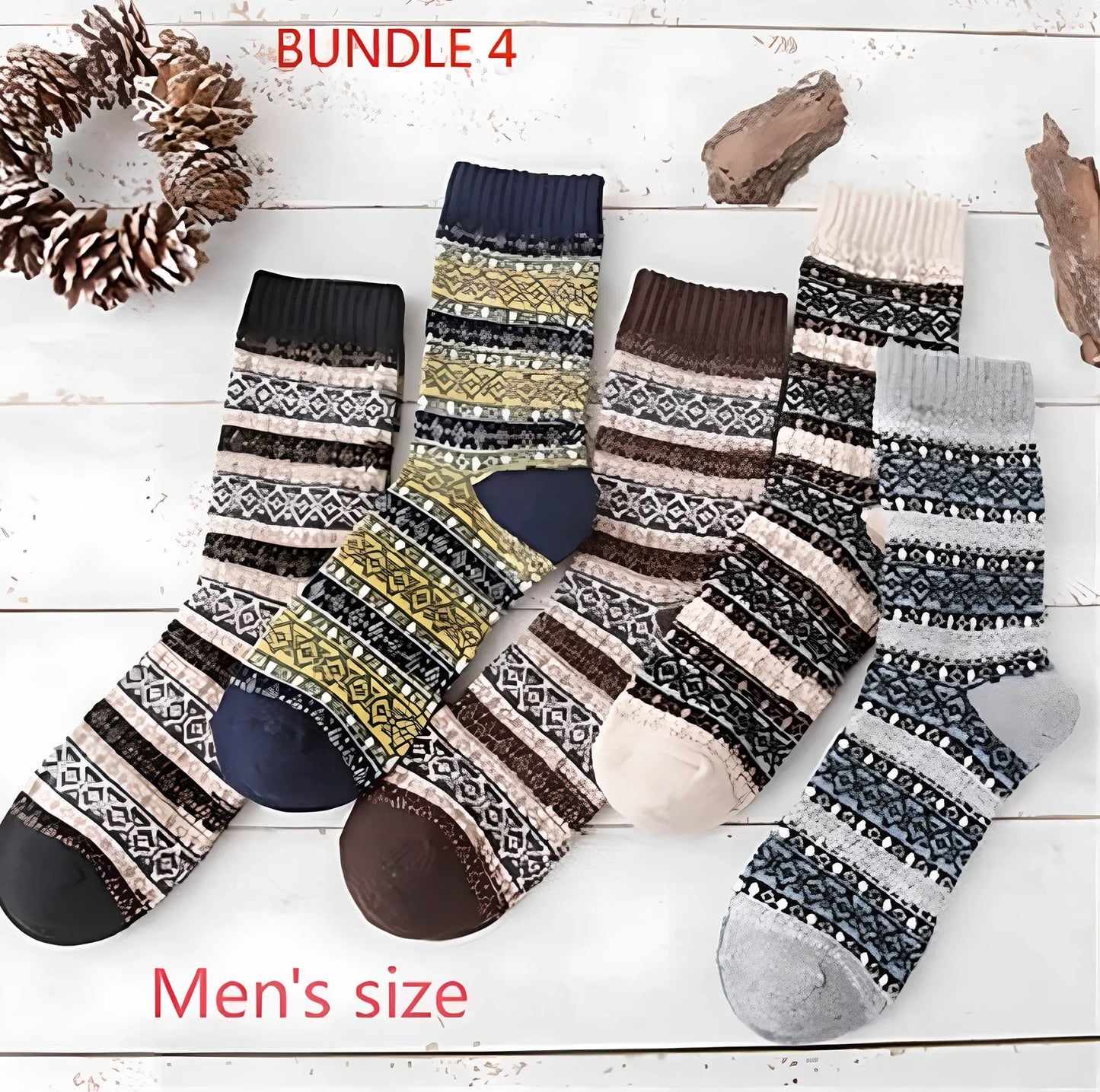 Pack of 5 thick stripe wool blend socks in various colours, featuring 15% rabbit hair for winter warmth, fitting sizes 39-42
