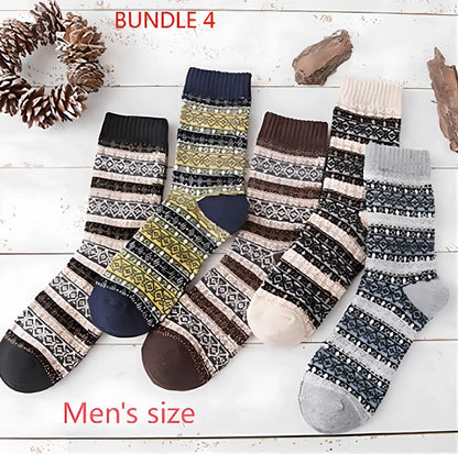 Pack of 5 thick stripe wool blend socks in various colours, featuring 15% rabbit hair for winter warmth, fitting sizes 39-42
