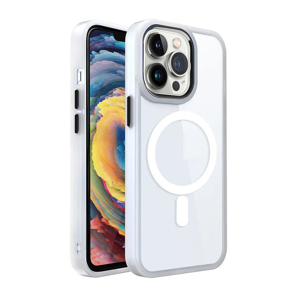 Magnetic transparent silicone phone case for iPhone in assorted solid colours on a white background.