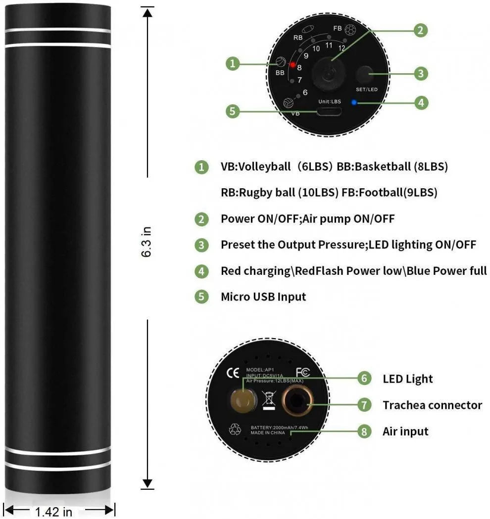 Black electric inflatable pump with USB charging and warning light, ABS body, includes needle nozzle