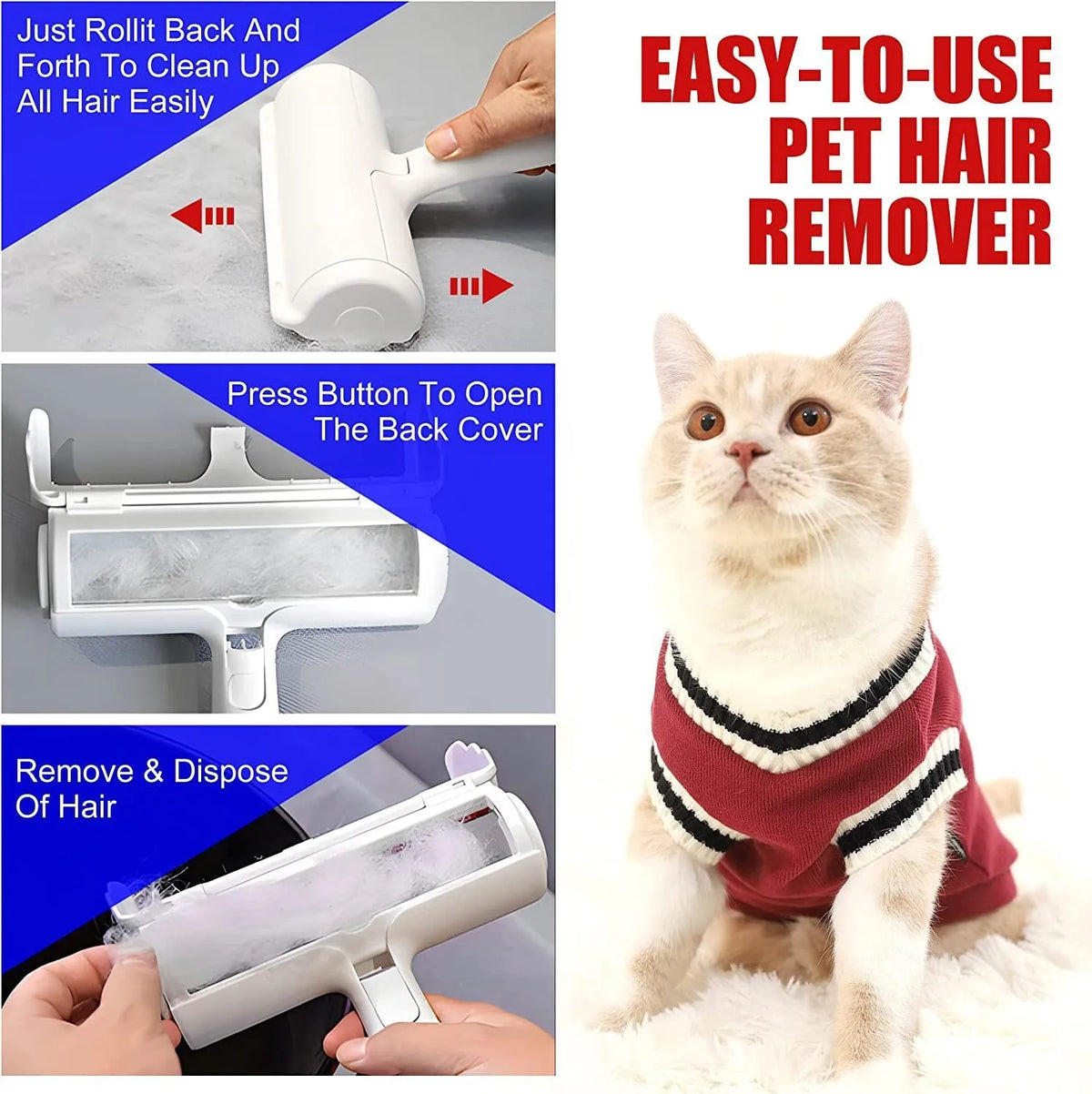 White plastic pet hair picker roller for removing dog and cat fur from fabrics