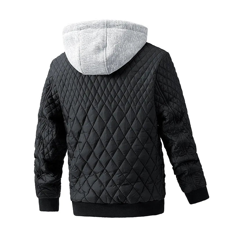 Men's casual quilted jacket with removable hood in polyester blend, available in black, army green, dark blue, khaki