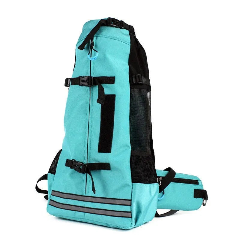 Medium dog backpack carrier in black with expandable design, made from 600D Oxford cloth, side view