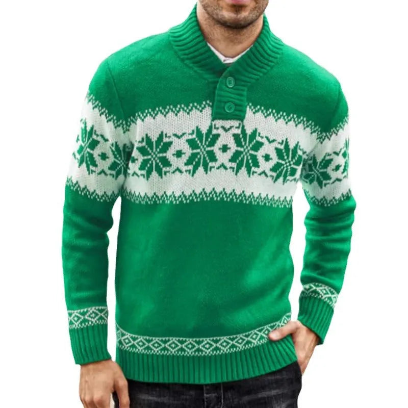 Men's green long sleeve thick jacquard knitted pullover sweater on model