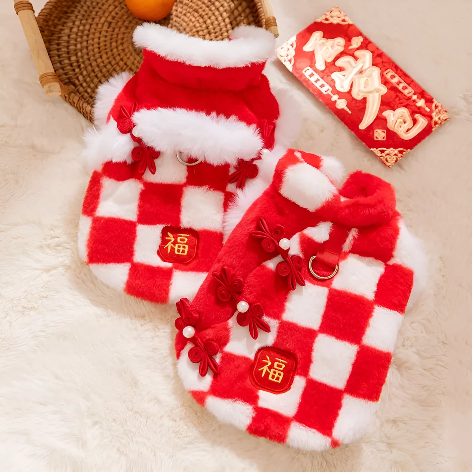 Red and white checkered plush dog vest with Qipao knots and golden Fu symbol for Chinese New Year