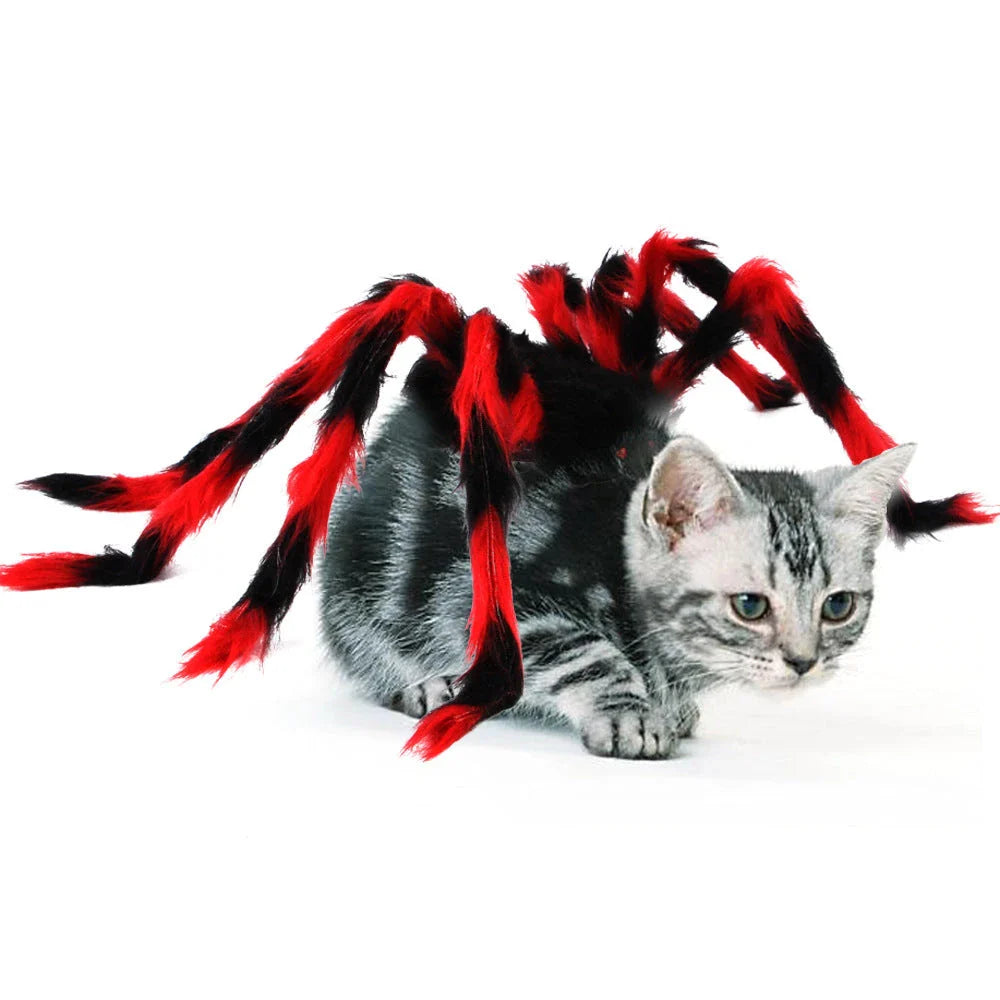 Spooky spider pet costume in red and black colors, designed for cats, dogs, and other small pets to wear for Halloween