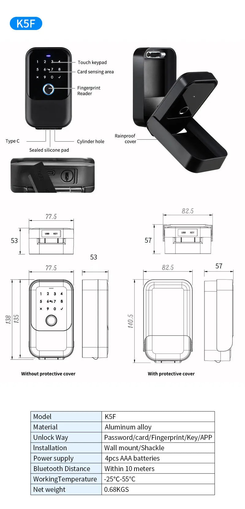 Multifunctional fingerprint password card key box with Bluetooth and TTLock gateway options, black ABS plastic casing