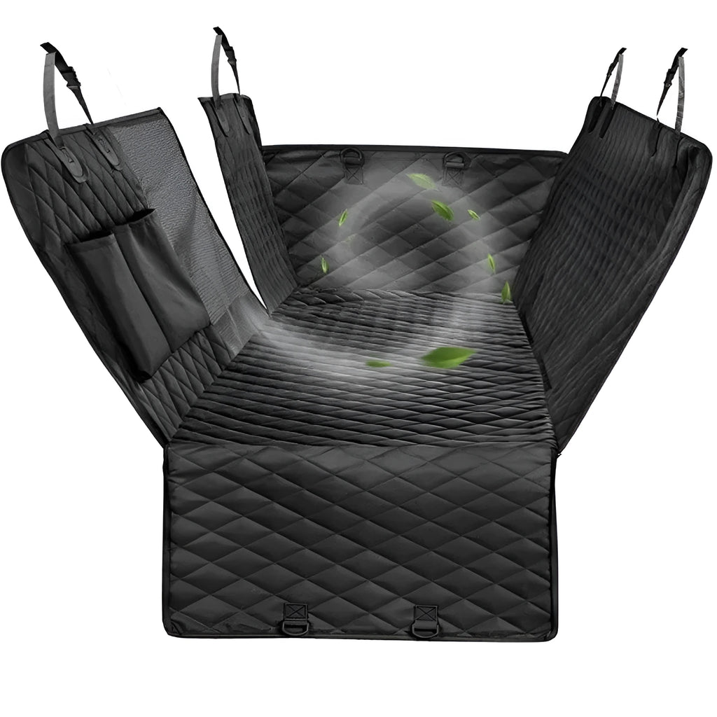 Black car pet cushion anti-seepage 137x147x40cm on rear car seat with adjustable straps