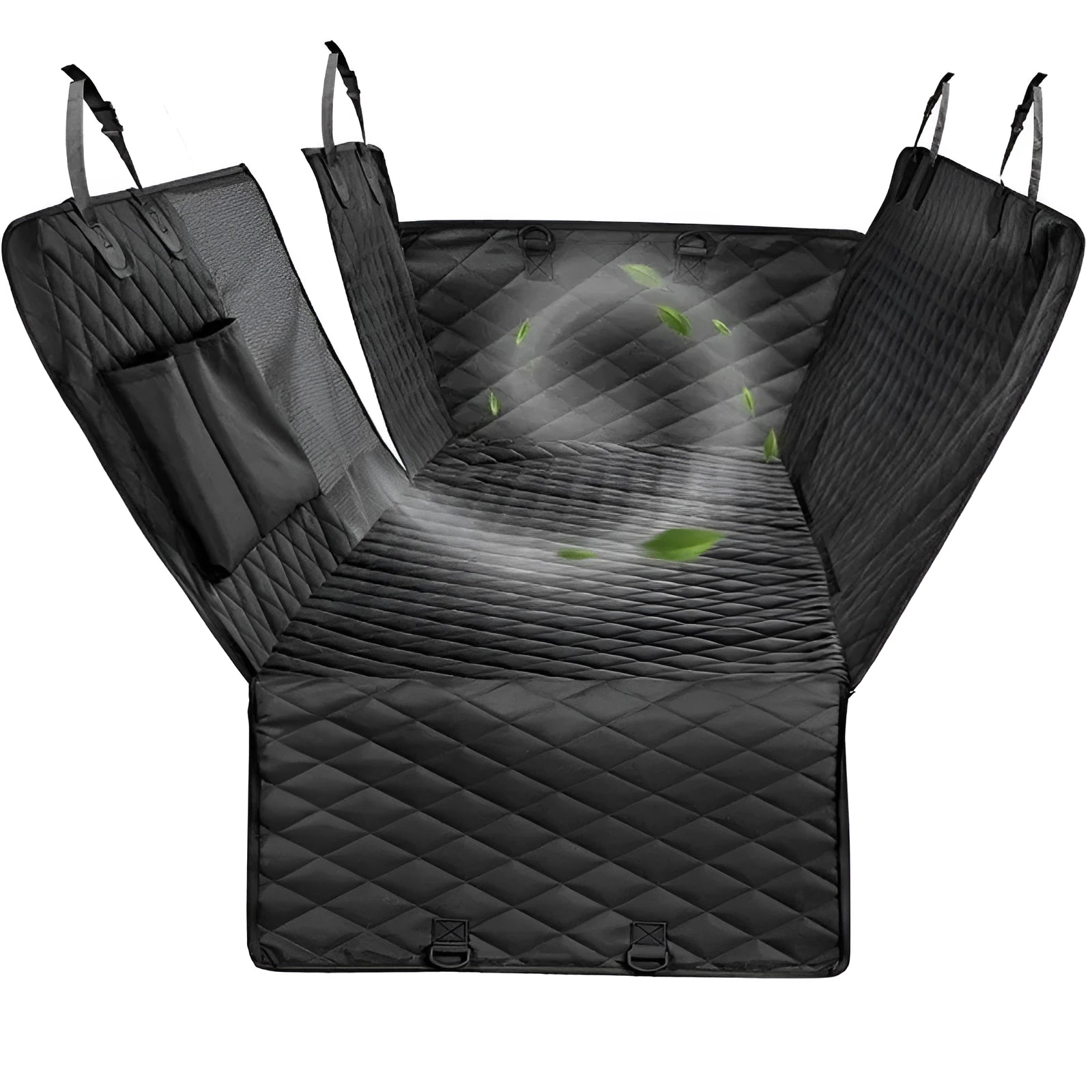Black car pet cushion anti-seepage 137x147x40cm on rear car seat with adjustable straps