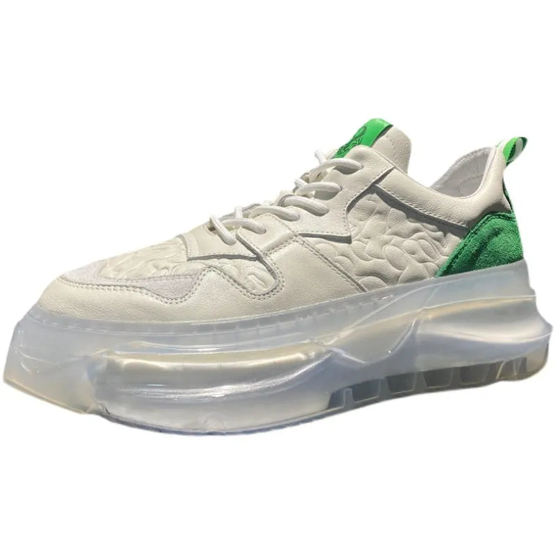 White men's air cushion dad shoes with cowhide upper, rubber sole, and lace-up closure