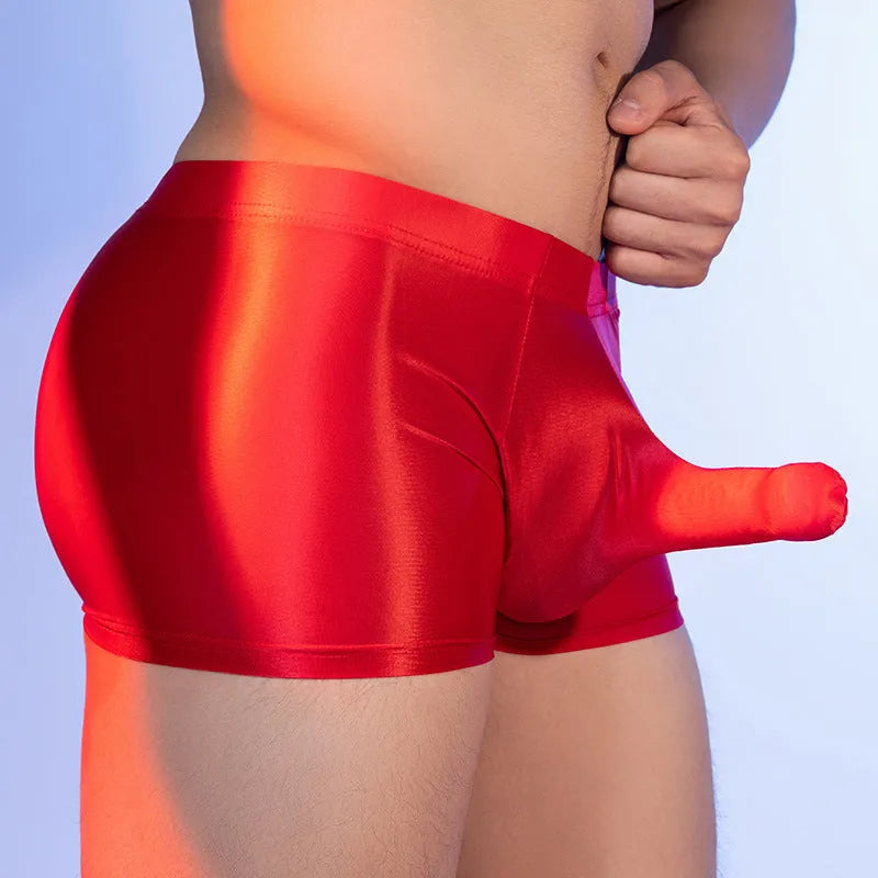 Men's red elephant nose boxer shorts with seamless construction and mid waist styling
