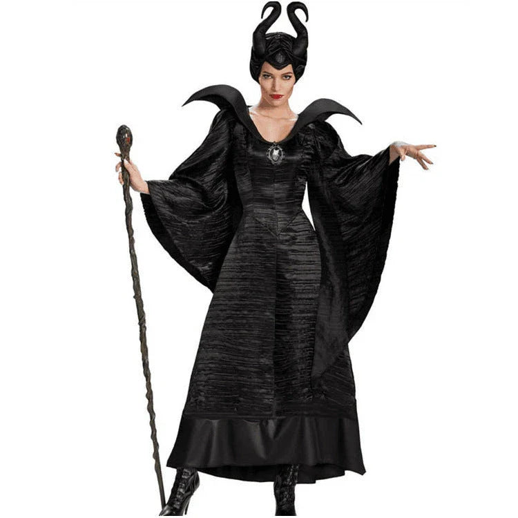 Halloween Maleficent Cosplay Costume Set with dress and cape for females