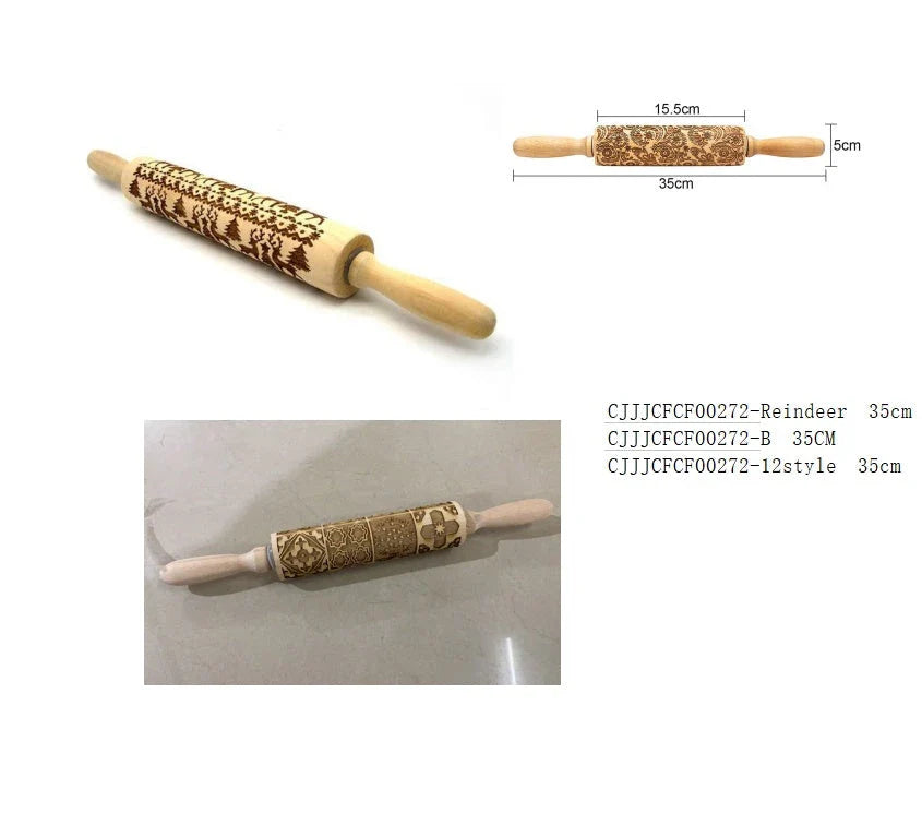 Wooden Christmas embossing rolling pin with non-stick surface for festive baking